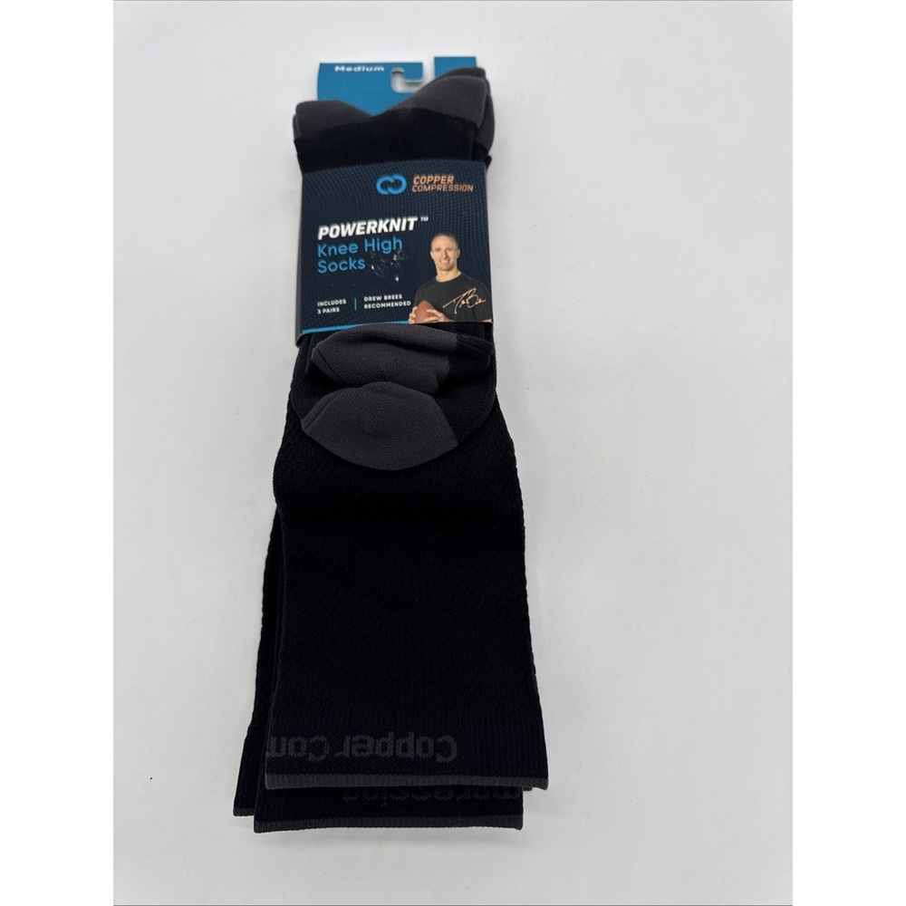 3 Pair Copper Compression Power Knit Knee High Socks Black Medium New